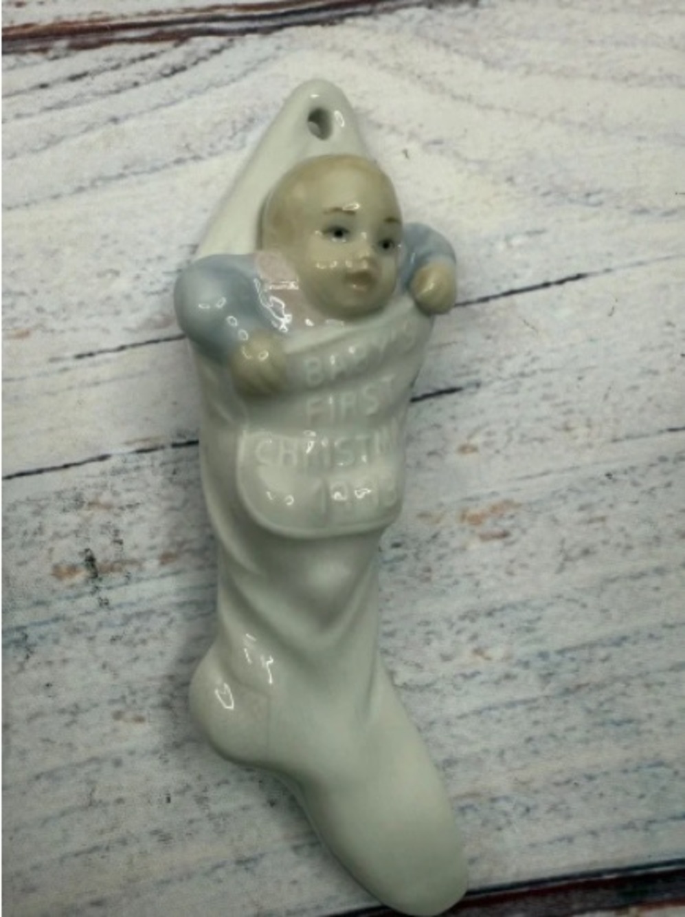 Baby's First Christmas Porcelain Stocking Ornament in Pale Blue & Cream